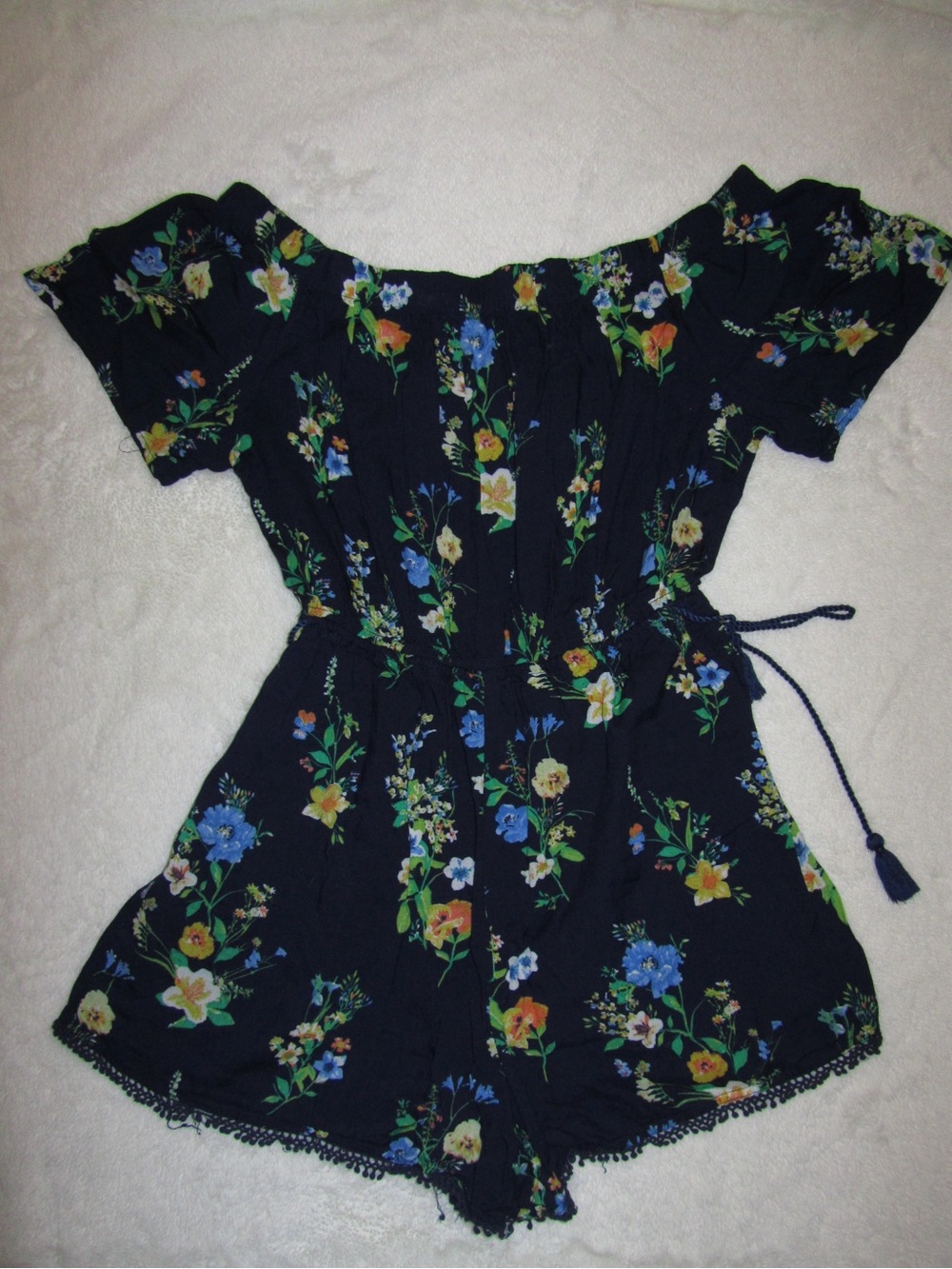Off-Shoulder Floral Romper in Navy